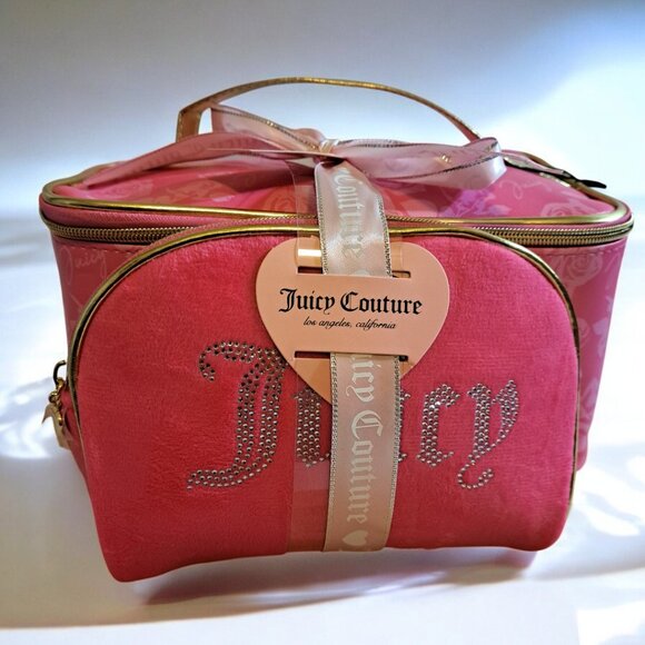 Juicy Couture 2 Piece Hot Pink & Gold Cosmetic Travel Bag NWT - Picture 3 of 9